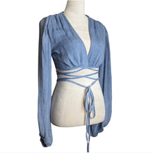 Load image into Gallery viewer, Festival Long Balloon Sleeve Wrap Crop Top Gauzy Knit Women's Size S