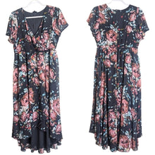 Load image into Gallery viewer, Dark Romantic Faux Wrap Dress High-Low Swiss Dot Floral Dark Grey Size M/L