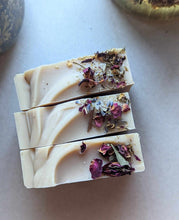 Load image into Gallery viewer, Linen- Coconut Milk Soap 4.5 oz Bar with Butterfly Pea Flower Tea Lavender & Lemon Eucaplytus