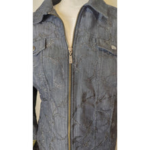 Load image into Gallery viewer, Boho Chic Dark Zip Up Denim Jacket Whimsical Embroidered Embellishment Size 12
