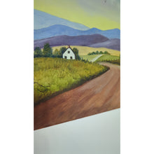 Load image into Gallery viewer, Original Folk Art Landscape Painting Signed J. Hall – Country Road Farmhouse Cottage Art on Canvas