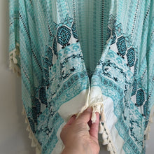 Load image into Gallery viewer, Beachy Aztec Turquoise Open Front Cardigan Tassels One Size Women's