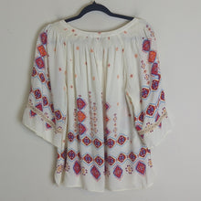 Load image into Gallery viewer, Boho Lightweight Pull Over Top With Crochet Lace Smocked Details Medium