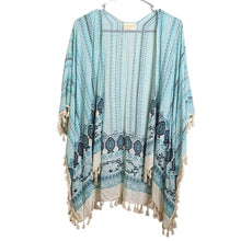 Load image into Gallery viewer, Beachy Aztec Turquoise Open Front Cardigan Tassels One Size Women's