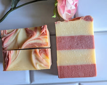Load image into Gallery viewer, Candy Cane Luxury Soap 4.5 oz Bar Striped, Essential oil Peppermint Orange Cinnamon