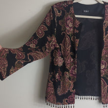 Load image into Gallery viewer, Whimsigoth Cardigan/Jacket Floral Paisley Animal Print Background Jewel Tasseled
