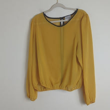 Load image into Gallery viewer, Mustard Yellow Pop-Over Sheer Blouse Peekaboo Back Mustard Yellow