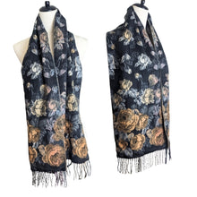 Load image into Gallery viewer, NWT Dark Romantic Floral Scarf Extra Soft With Fringe One Size