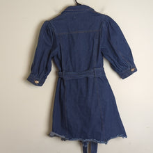 Load image into Gallery viewer, NWOT L'atiste Trench Jean Jacket Abstract Buttons Puff Sleeves Women's Medium