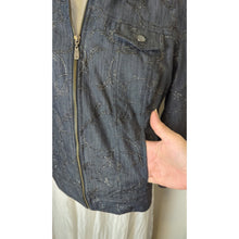 Load image into Gallery viewer, Boho Chic Dark Zip Up Denim Jacket Whimsical Embroidered Embellishment Size 12