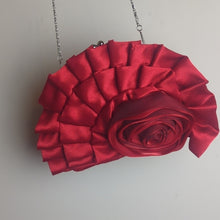 Load image into Gallery viewer, Holiday Red Evening Bag Roset Ruffle Metal Strap Kiss Lock Holiday