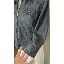 Load image into Gallery viewer, Boho Chic Dark Zip Up Denim Jacket Whimsical Embroidered Embellishment Size 12