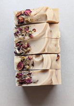 Load image into Gallery viewer, Linen- Coconut Milk Soap 4.5 oz Bar with Butterfly Pea Flower Tea Lavender & Lemon Eucaplytus