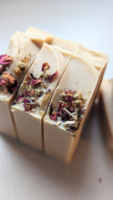 Load image into Gallery viewer, Linen- Coconut Milk Soap 4.5 oz Bar with Butterfly Pea Flower Tea Lavender & Lemon Eucaplytus