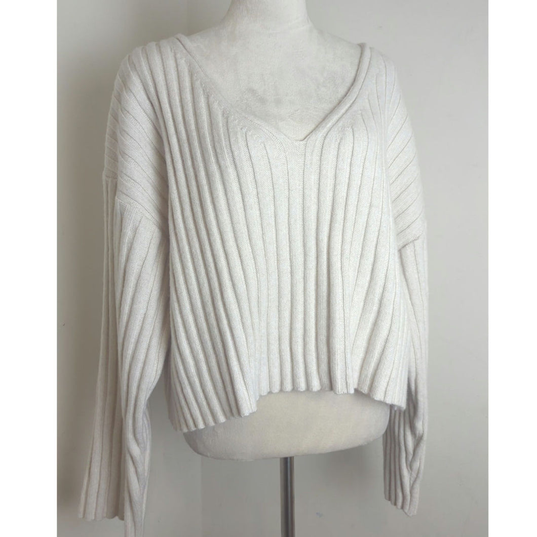 Oversized Slouchy Wool Blend Ribbed Knit Cropped Sweater Wide Sleeves Women's XL