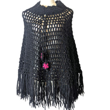 Load image into Gallery viewer, Fairy Grunge Black Open Knit Fringe Poncho Women's Medium
