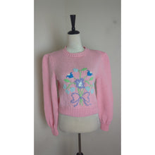 Load image into Gallery viewer, Vintage Cropped Hand Knit Sweater Balloon Sleeves Floral Design Women&#39;s Small

