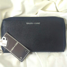 Load image into Gallery viewer, NWT Textured Black Leather RFID Data Safe Wallet Pink Interior
