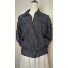 Load image into Gallery viewer, Boho Chic Dark Zip Up Denim Jacket Whimsical Embroidered Embellishment Size 12
