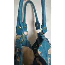 Load image into Gallery viewer, Large Turquoise Big Buddha Tan Canvas Floral Patchwork Tote Shoulder Bag
