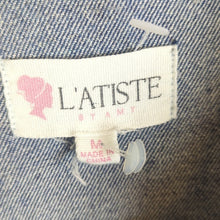 Load image into Gallery viewer, NWOT L'atiste Trench Jean Jacket Abstract Buttons Puff Sleeves Women's Medium
