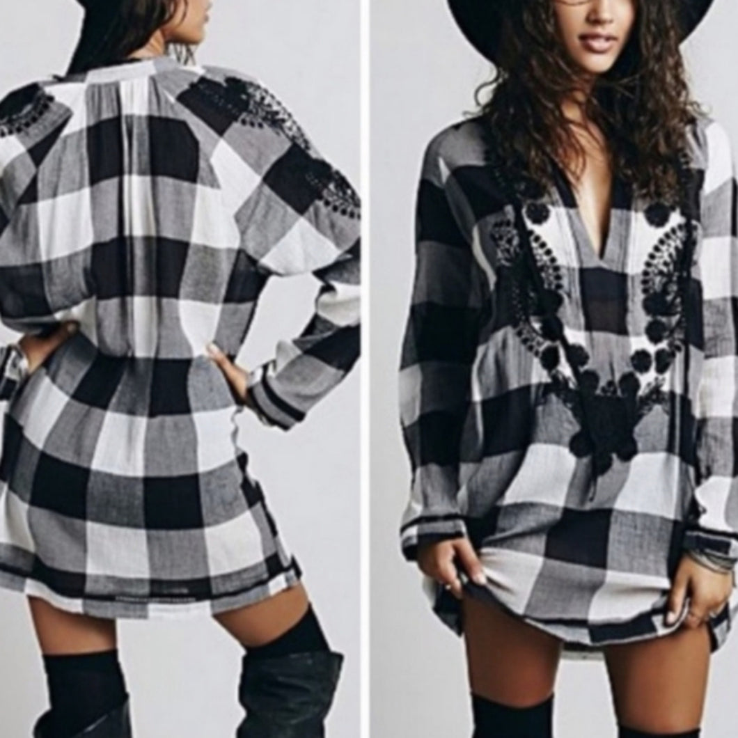 Free People Fall Festival Embroidered Jeweled Plaid Tunic Women's Size Small