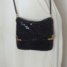 Load image into Gallery viewer, Vintage 80's Slinky Black Crossbody Purse With Art Deco Accents
