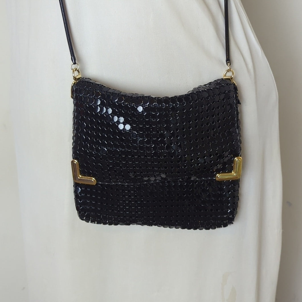 Vintage 80's Slinky Black Crossbody Purse With Art Deco Accents