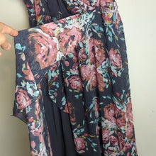Load image into Gallery viewer, Dark Romantic Faux Wrap Dress High-Low Swiss Dot Floral Dark Grey Size M/L

