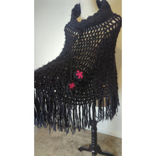 Load image into Gallery viewer, Fairy Grunge Black Open Knit Fringe Poncho Women's Medium

