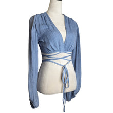 Load image into Gallery viewer, Festival Long Balloon Sleeve Wrap Crop Top Gauzy Knit Women's Size S
