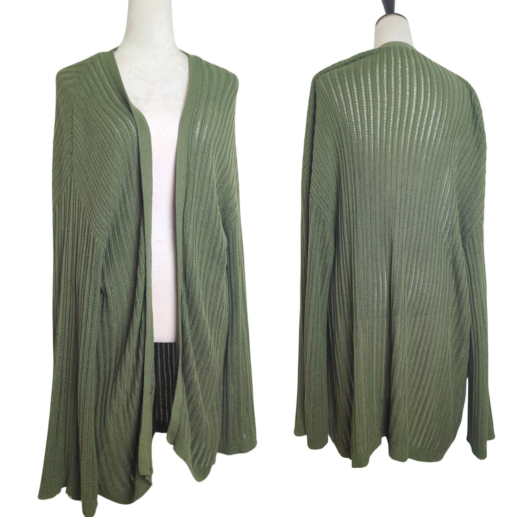 Autumn Green Long Line Slouchy Cardigan Ladder Knit Wide Sleeves Women's L