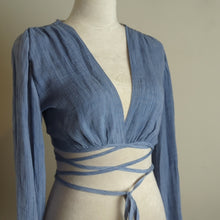 Load image into Gallery viewer, Festival Long Balloon Sleeve Wrap Crop Top Gauzy Knit Women's Size S
