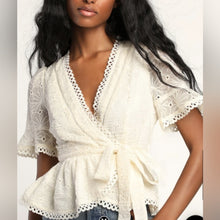 Load image into Gallery viewer, Lulus Coquette Eyelet Lace Embroidered Ruffed Top With Belt Meduim
