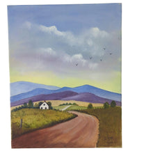 Load image into Gallery viewer, Original Folk Art Landscape Painting Signed J. Hall – Country Road Farmhouse Cottage Art on Canvas
