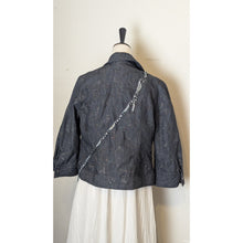 Load image into Gallery viewer, Boho Chic Dark Zip Up Denim Jacket Whimsical Embroidered Embellishment Size 12
