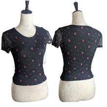 Load image into Gallery viewer, NWT Y2K Vibe Rose Print Stretch Sheer Black Mesh Sleeves Medium*
