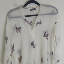 Load image into Gallery viewer, Lola Made in Italy White Butterfly Print Sheer Blouse Size Small
