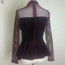 Load image into Gallery viewer, Glam Goth Fishnet Mockneck Red Velvet Peplum Top Large
