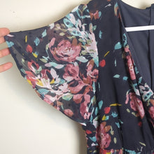 Load image into Gallery viewer, Dark Romantic Faux Wrap Dress High-Low Swiss Dot Floral Dark Grey Size M/L
