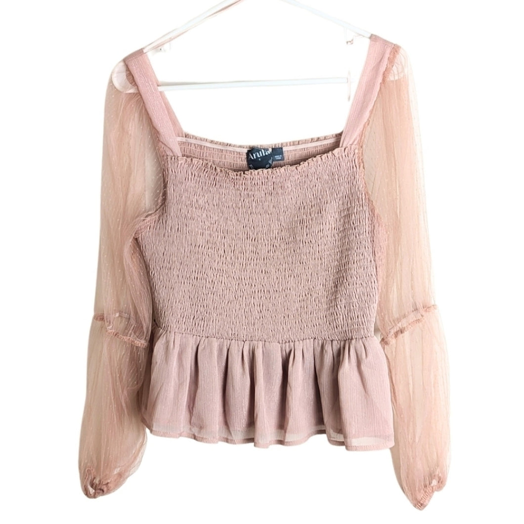 Arura Babydoll Smocked Top with Balloon Netting Sleeves Women's XL
