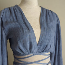 Load image into Gallery viewer, Festival Long Balloon Sleeve Wrap Crop Top Gauzy Knit Women's Size S
