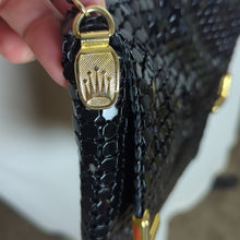 Load image into Gallery viewer, Vintage 80&#39;s Slinky Black Crossbody Purse With Art Deco Accents
