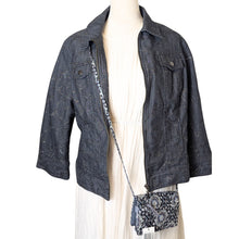 Load image into Gallery viewer, Boho Chic Dark Zip Up Denim Jacket Whimsical Embroidered Embellishment Size 12
