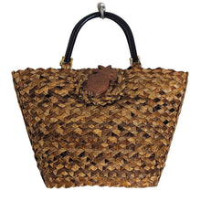 Load image into Gallery viewer, Vtg Natural Wicker Straw Woven Handbag Tote Wooden Pineapple Double Wooden Handle
