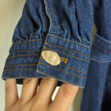 Load image into Gallery viewer, NWOT L'atiste Trench Jean Jacket Abstract Buttons Puff Sleeves Women's Medium
