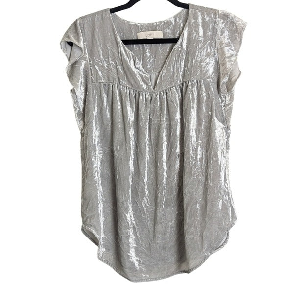 Silver Velvet V-Neck Flutter Sleeve Pullover Babydoll Top Women's Size S