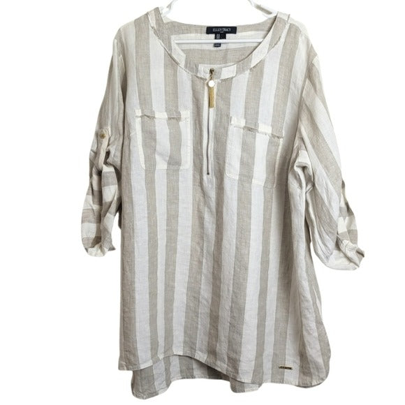 Ellen Tracy Linen Neutral Lagenlook Striped Tunic Women's 2X