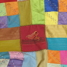 Load image into Gallery viewer, Large Rare Vintage Patchwork Quilt Embroidered Gold Satin Back 58x88
