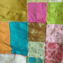 Load image into Gallery viewer, Large Rare Vintage Patchwork Quilt Embroidered Gold Satin Back 58x88
